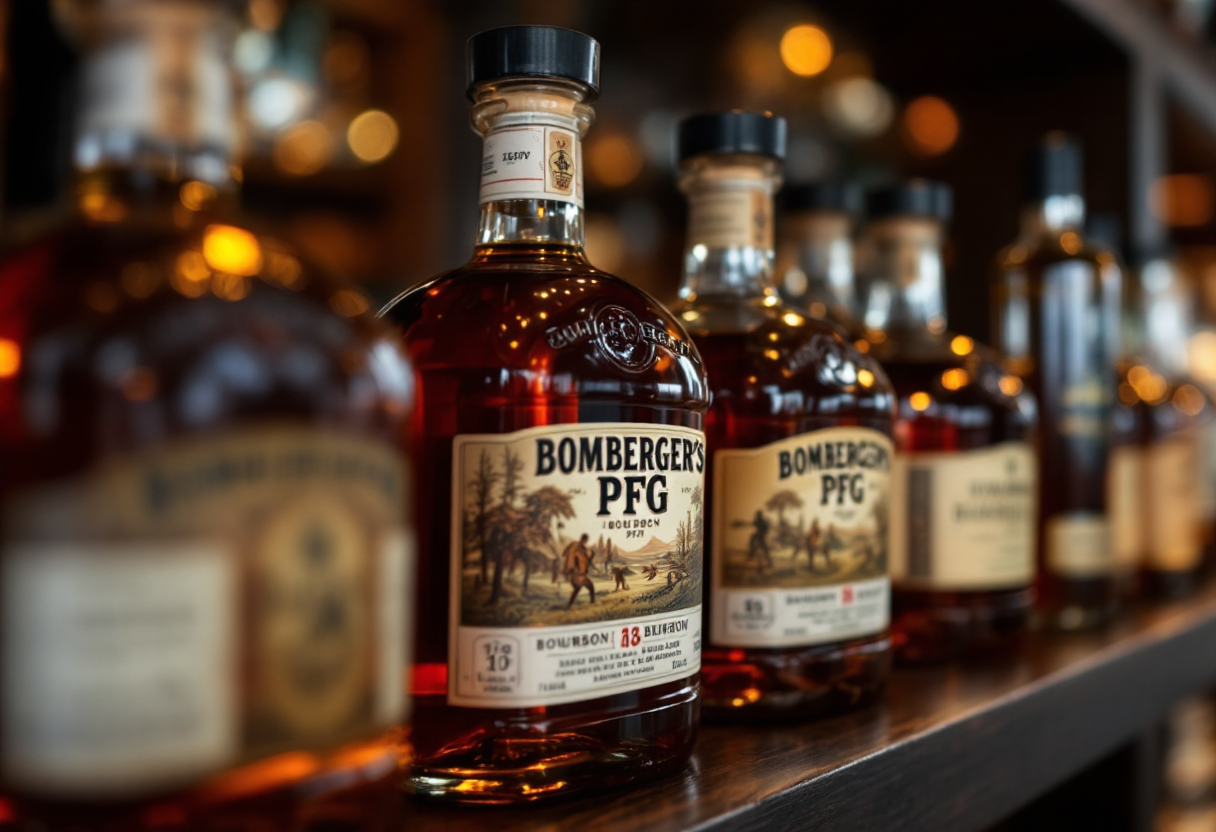 Bottiglia di Bomberger’s PFG bourbon in un bicchiere