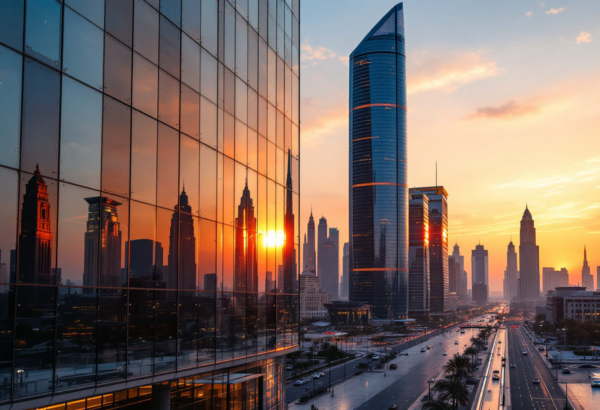 Vista panoramica di Dubai con grattacieli e tradizioni