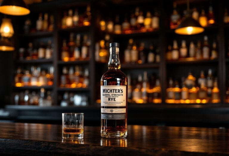 Bottiglia di Michter's Barrel Strength Rye in un ambiente elegante