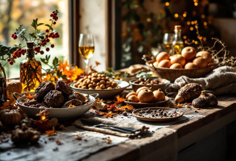 Eventi gastronomici autunnali con piatti tipici e decorazioni