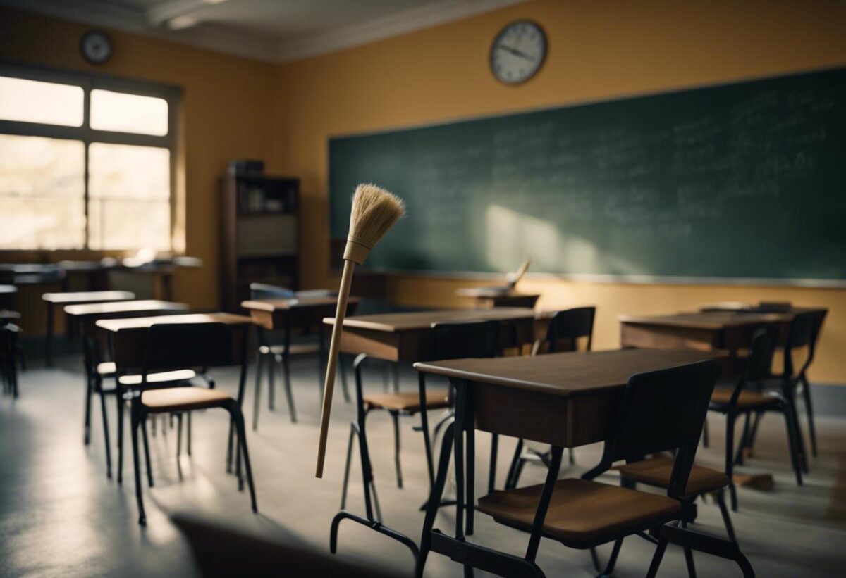 La grande operazione di ripulitura si è svolta all’Arcadia. I docenti, travestiti da pittori, hanno detto: “Adesso è il turno degli studenti: devono usare scopa e paletta in classe”.