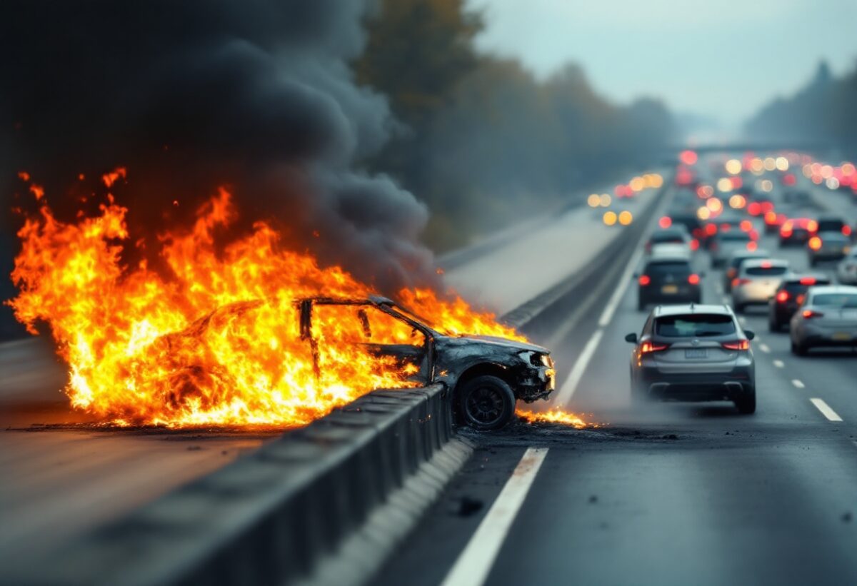 Incendio devastante sull’A4: auto distrutta e traffico in tilt