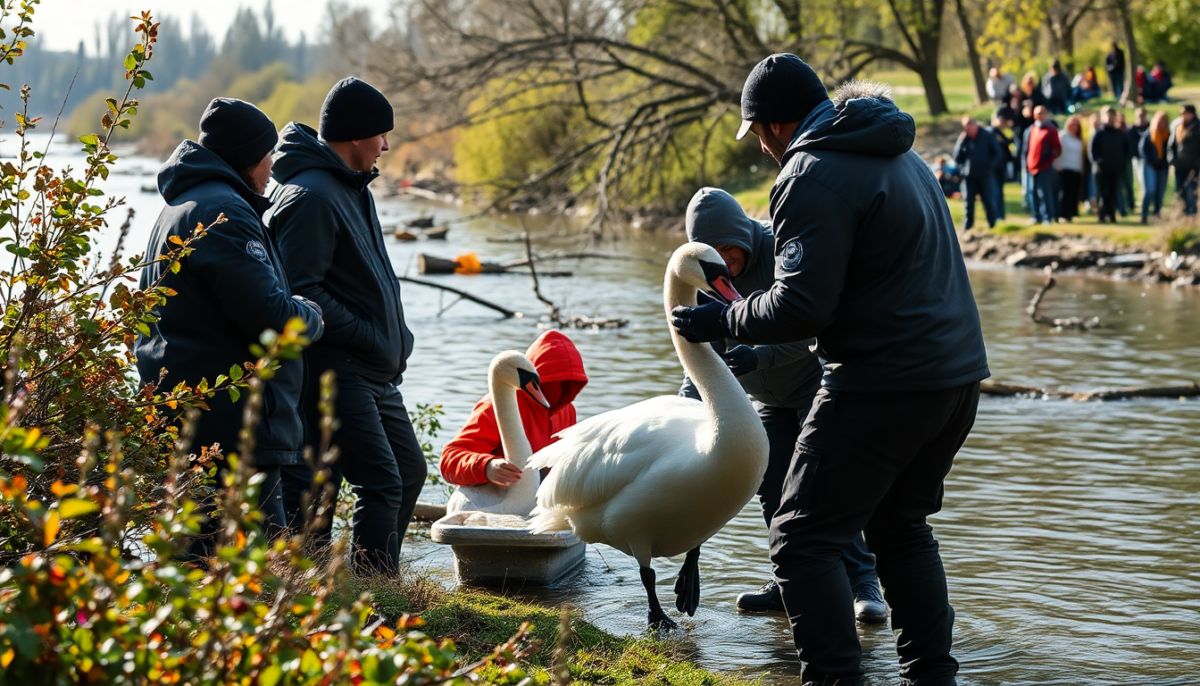 Intervento di salvataggio per un cigno nel fiume Lambro