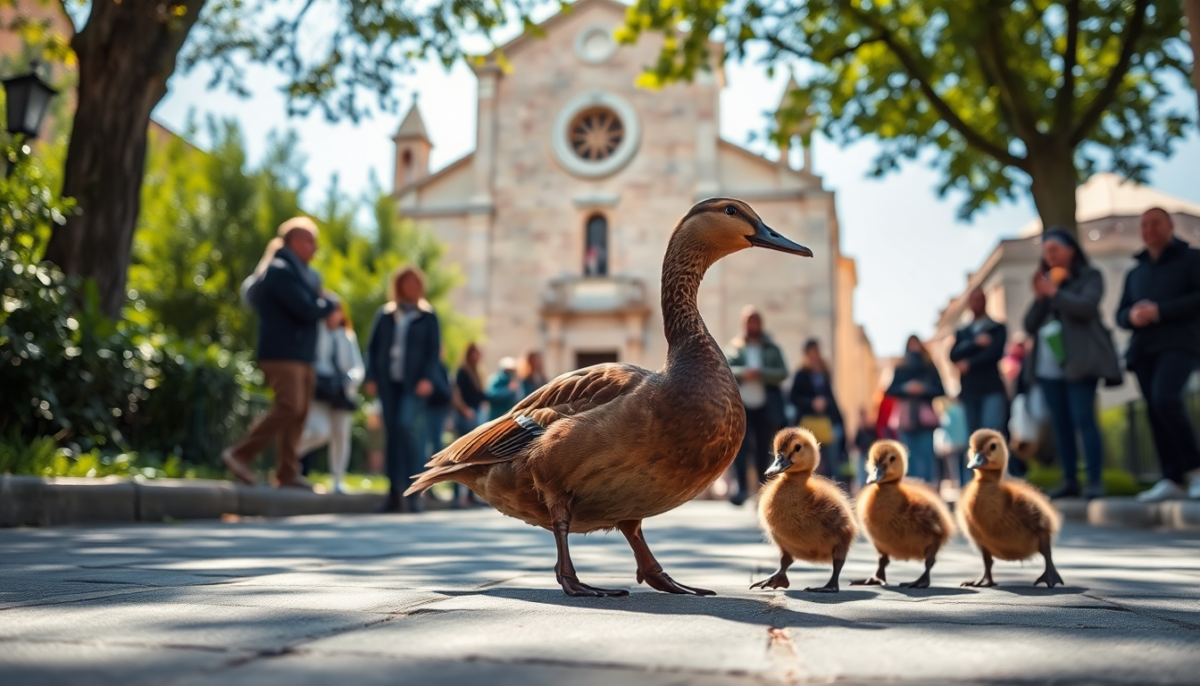 La curiosa passeggiata di una mamma anatra e i suoi anatroccoli a Legnano