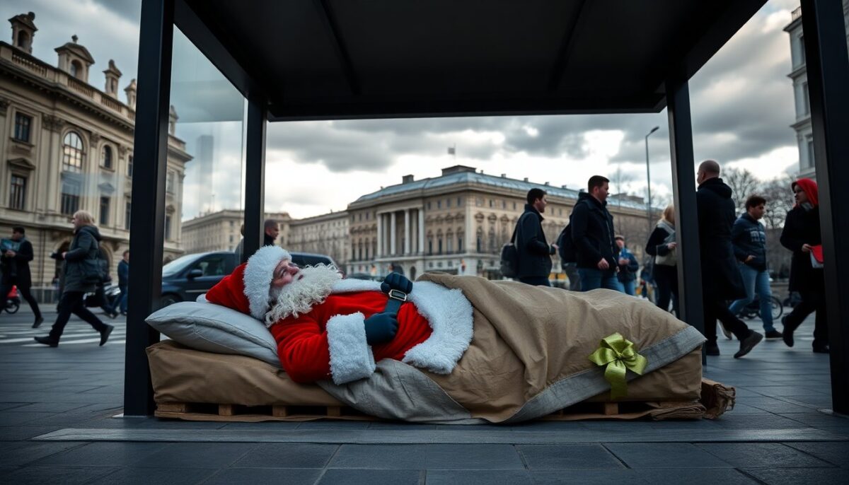 L’installazione di Andrea Villa: Babbo Natale Senzatetto come Denuncia della Povertà