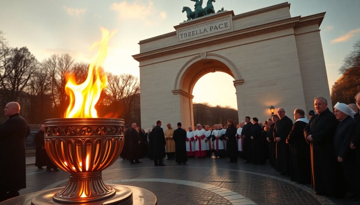 preghiera interreligiosa sotto il braciere olimpico per un messaggio di pace