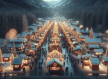 Vista del Bryant Park Winter Village con luci natalizie