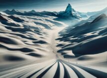 Panorama del Cervino con sciatori in azione