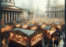 Mercatini di Natale a Londra con luci festive e decorazioni