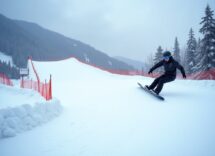 Atleta in azione durante una gara di snowboard cross