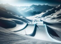 Atleta in gara di snowboard cross su una pista innevata