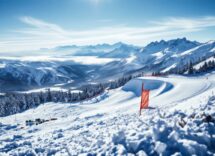 Atleta in azione durante una gara di snowboard cross