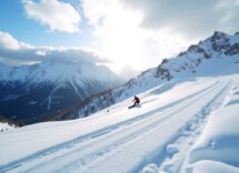 Atleta in azione durante una gara di snowboard cross