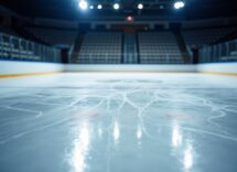 Atleta in costume esegue un salto nel pattinaggio di figura