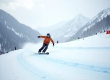 Atleta in azione durante una gara di snowboard cross