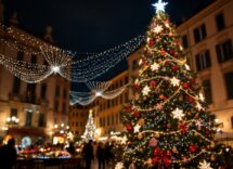 Albero di Natale decorato in una piazza italiana