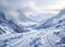 Atleta in azione durante una gara di snowboard cross in Alpi
