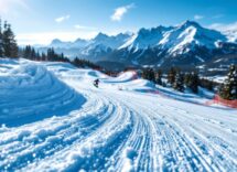 Atleta in azione nello snowboard cross su una pista innevata