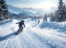 Atleti in azione durante una gara di snowboard cross