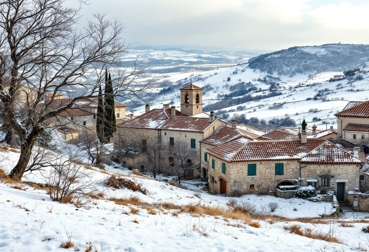 Panorama di un borgo sardo in inverno con tradizioni locali