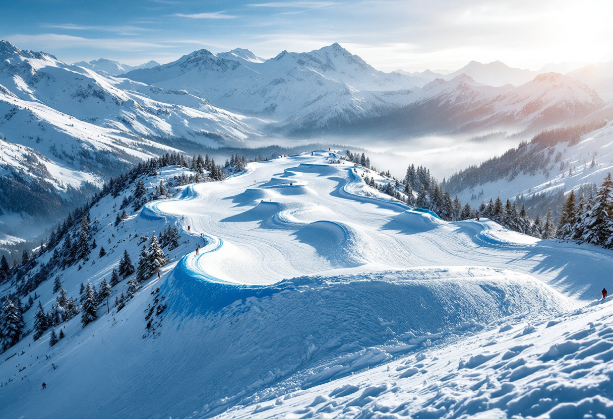Atleta in azione durante una gara di snowboard cross