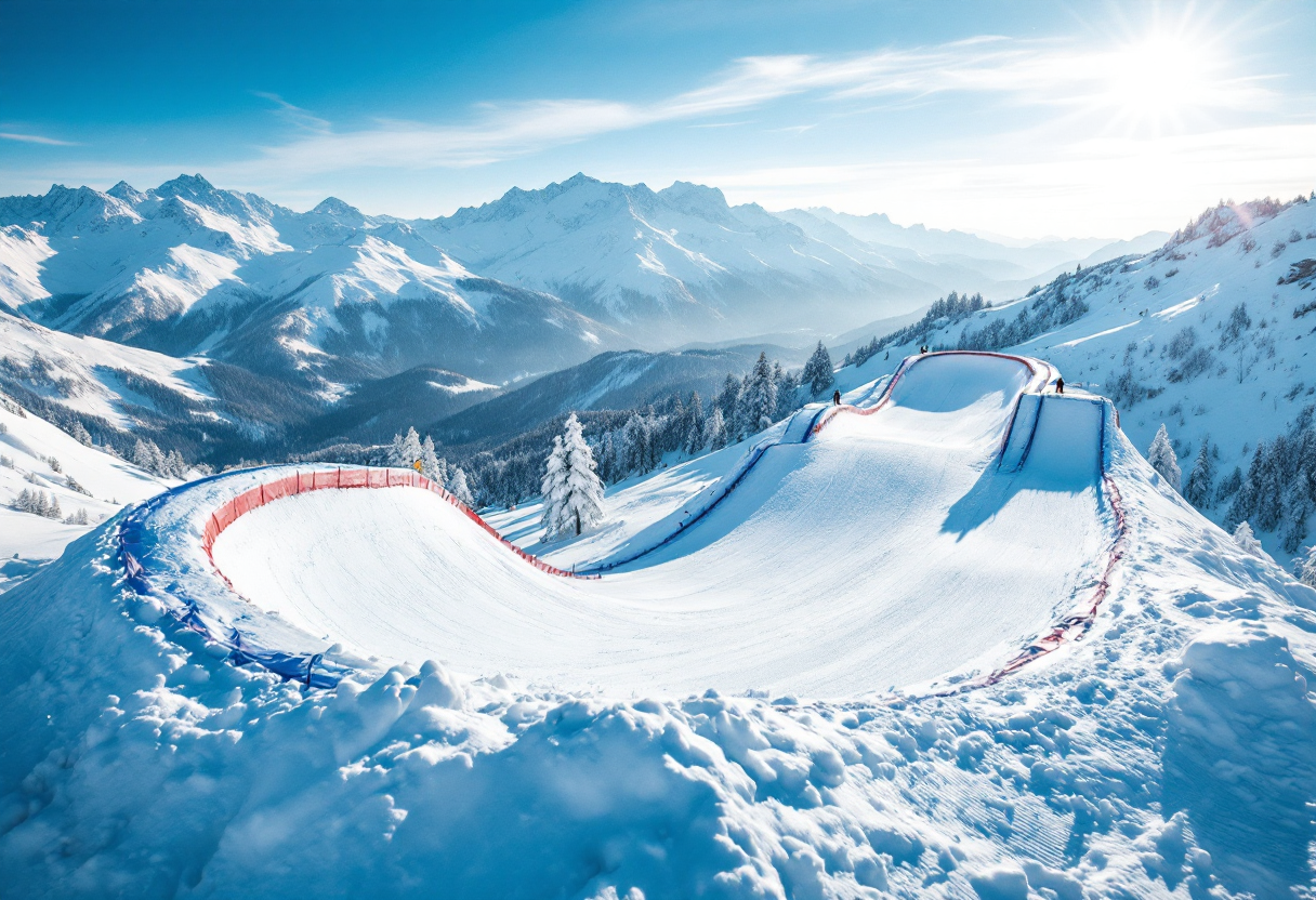 Atleta in azione durante una gara di snowboard cross