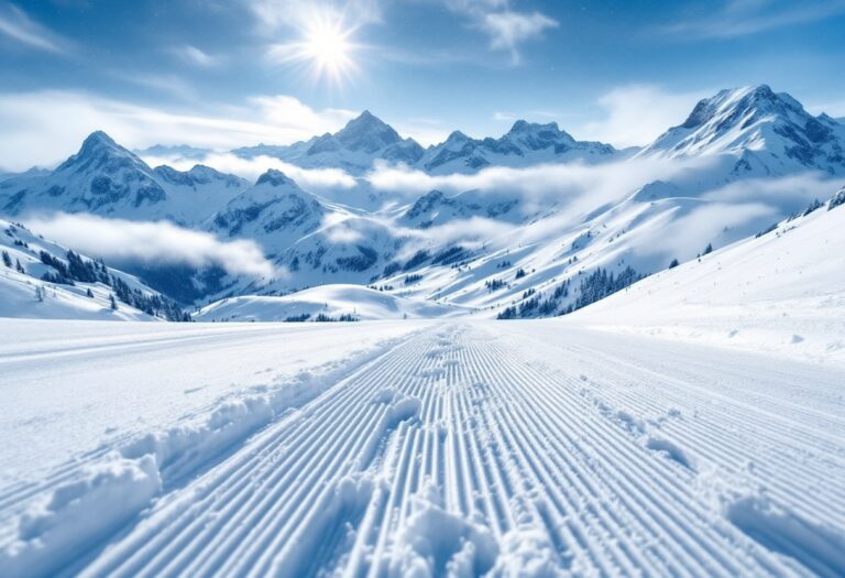 Panorama innevato di Courchevel con snowboardisti