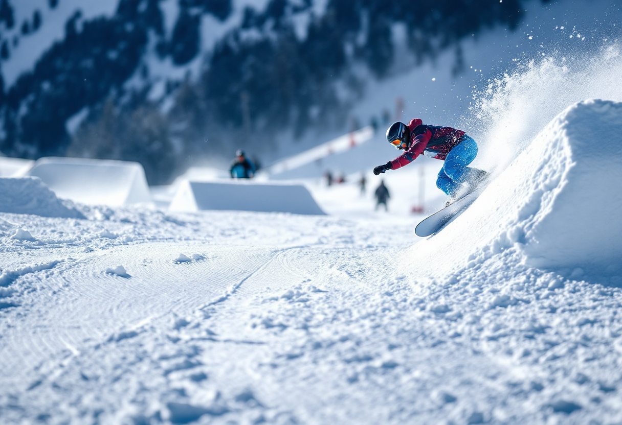 Atleti in azione durante una gara di snowboard cross in Slovenia