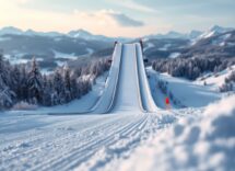 Atleta in volo durante una gara di salto con gli sci