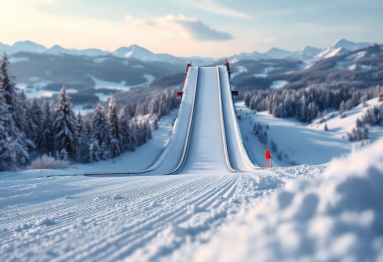 Atleta in volo durante una gara di salto con gli sci