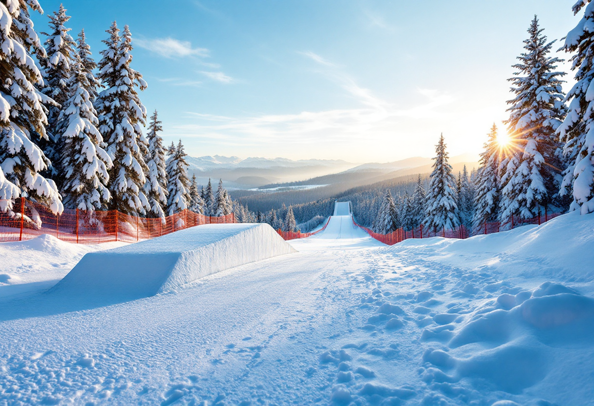 Atleta in volo durante una competizione di salto con gli sci