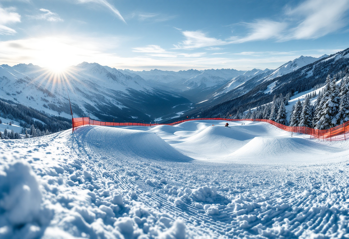 Atleta in azione durante una gara di snowboard cross