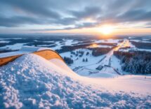 Atleta in volo durante il salto con gli sci a Lahti