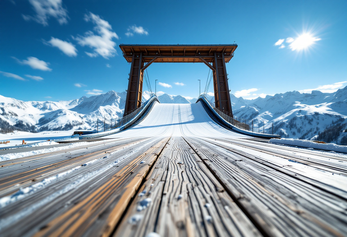 Atleta in volo durante una competizione di salto con gli sci