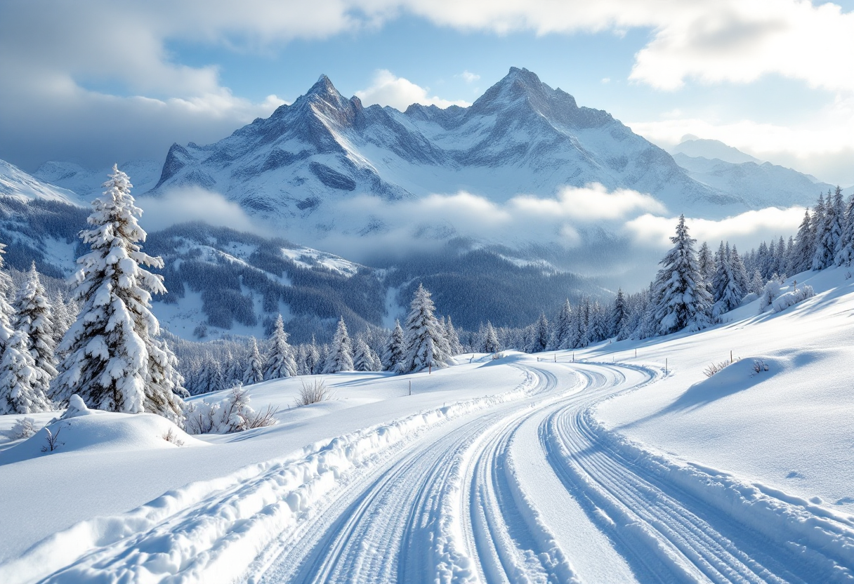 Scena di sci di fondo in un paesaggio innevato