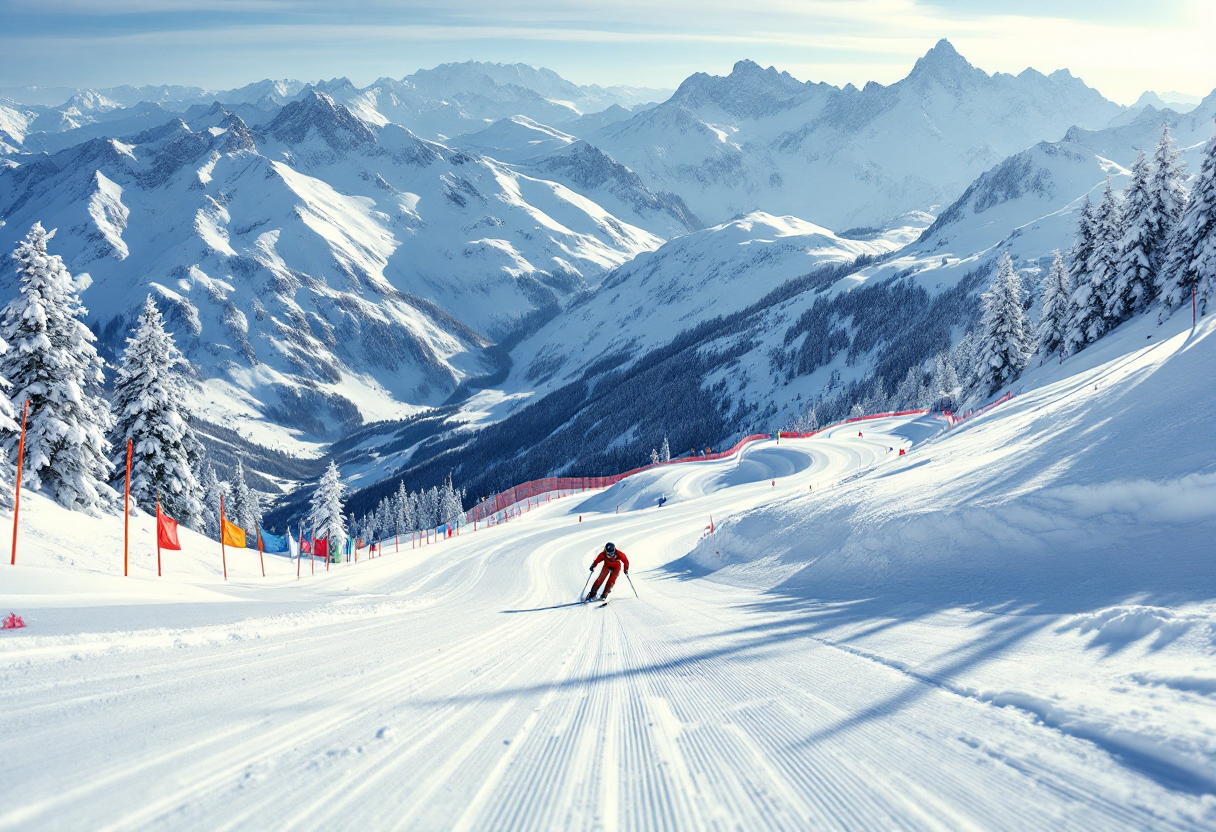 Atleti in gara durante una competizione di slalom e snowboard