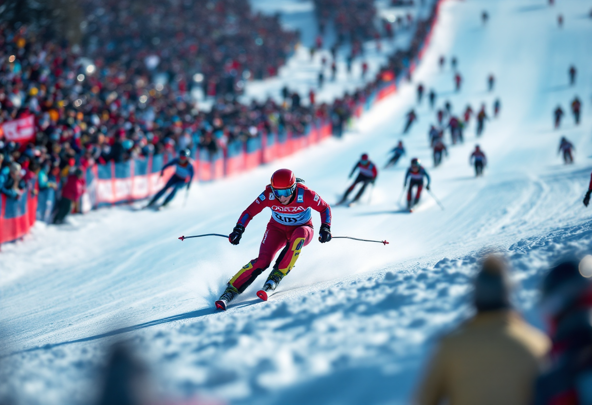 Atleta di sci mostra un gesto di sportività in gara