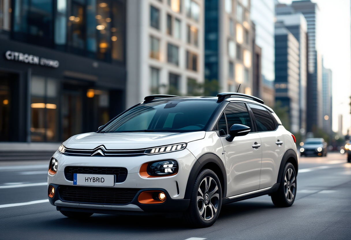 Nuova Citroen C3 Hybrid in un paesaggio urbano