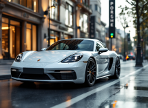 Nuova Porsche 718 elettrica in movimento su strada