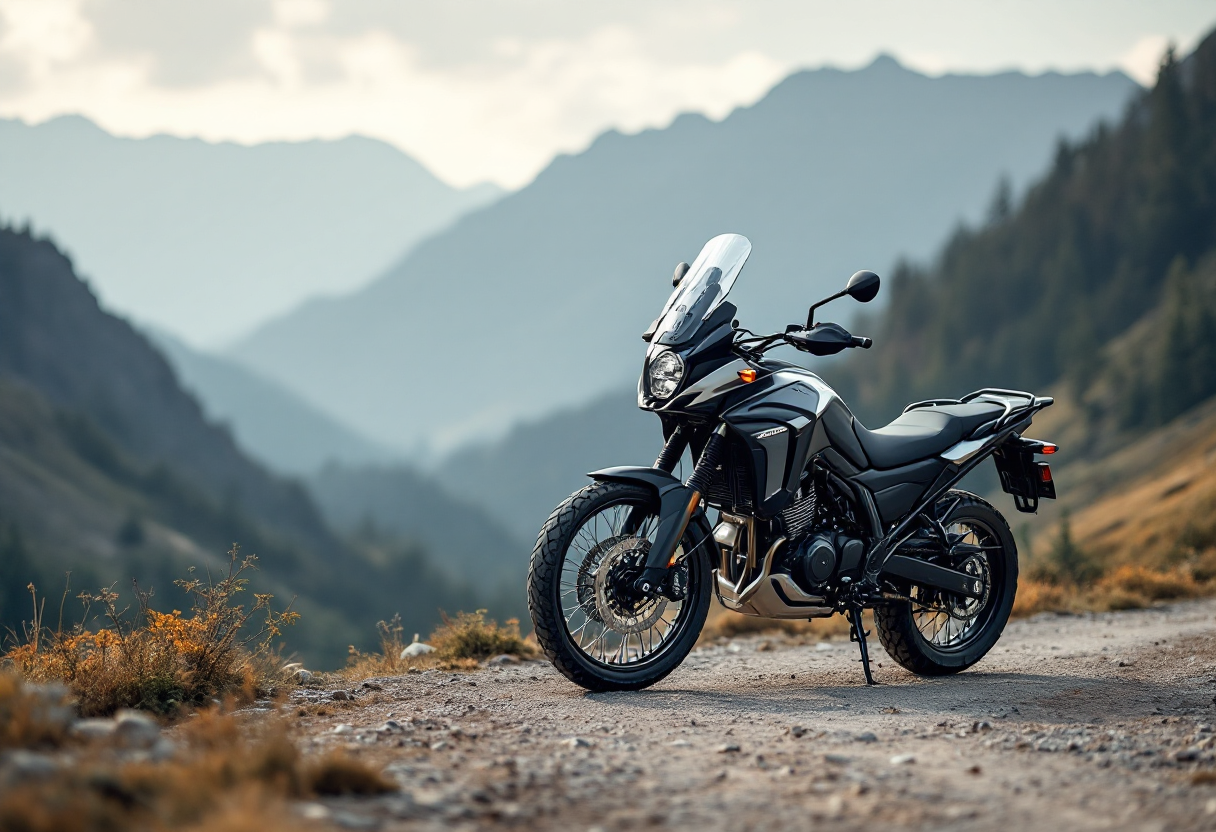 Honda Transalp 750 2025 in esposizione con dettagli
