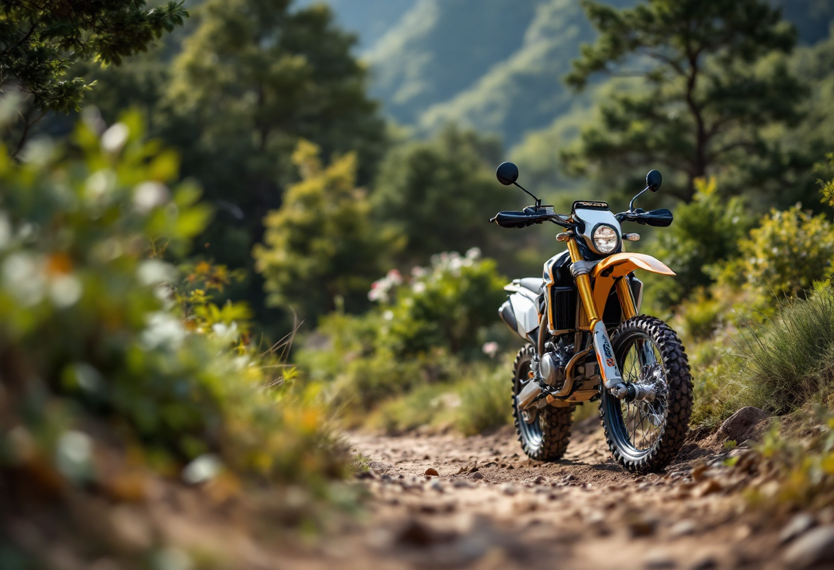 Rieju Aventura 500 in esposizione con dettagli tecnici