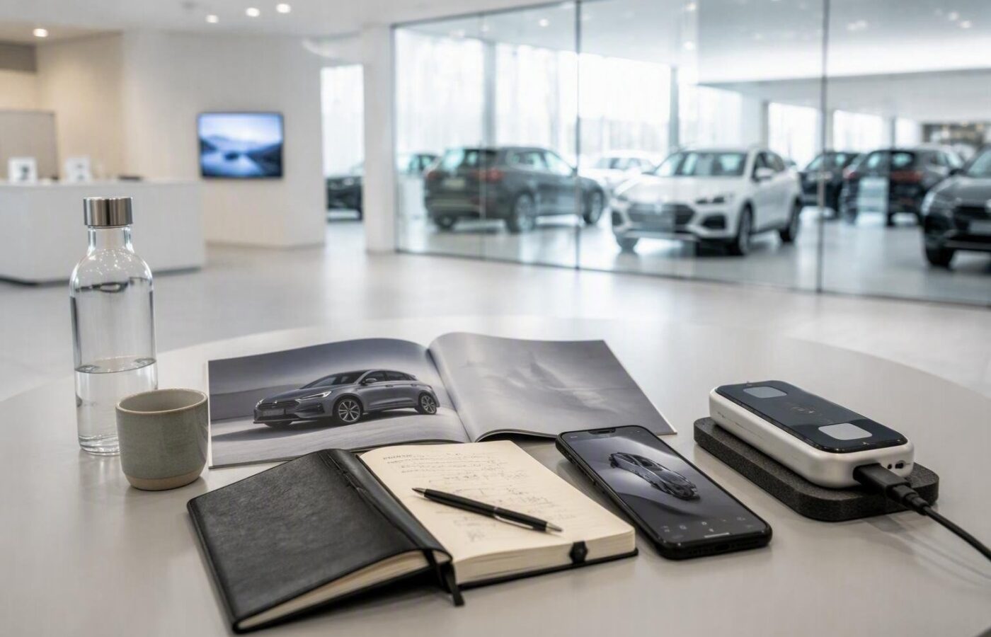 Visitatore organizzato esplora stand tecnici e demo durante un salone dell’auto, con mappe e appunti