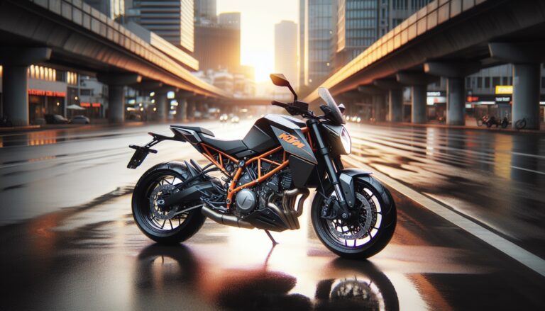 KTM 990 Duke in action on a scenic road