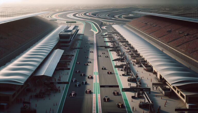 F1 cars racing at the Bahrain Grand Prix under bright lights