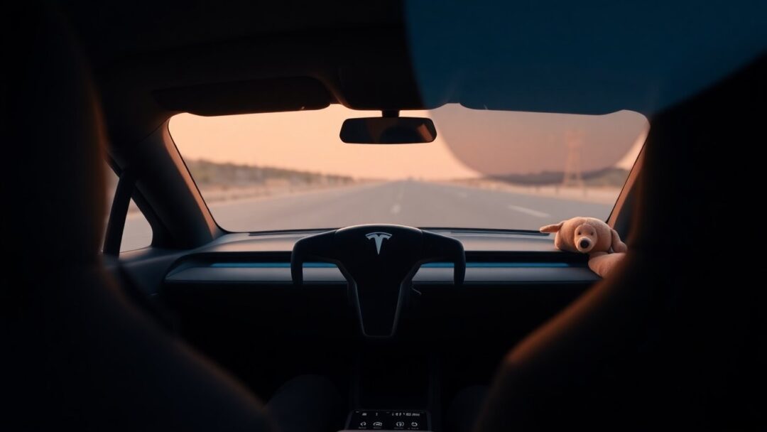Woman Asleep Behind Wheel of Tesla with Children in Back Seat