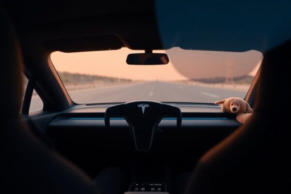 Woman Asleep Behind Wheel of Tesla with Children in Back Seat