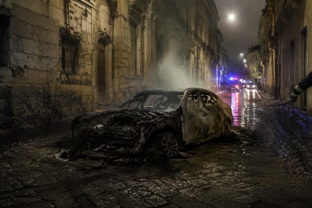Marano, auto esplode in via Che Guevara: vigili del fuoco in azione