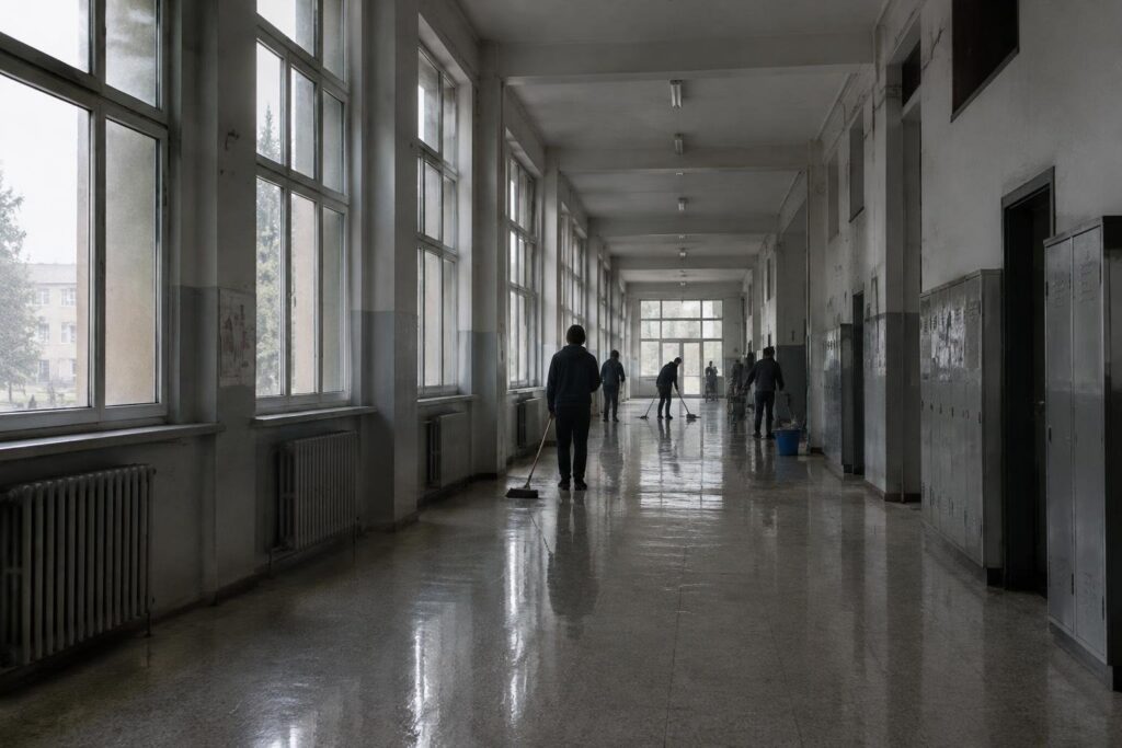 Pulizia della scuola a Napoli dopo giorni di occupazione studentesca