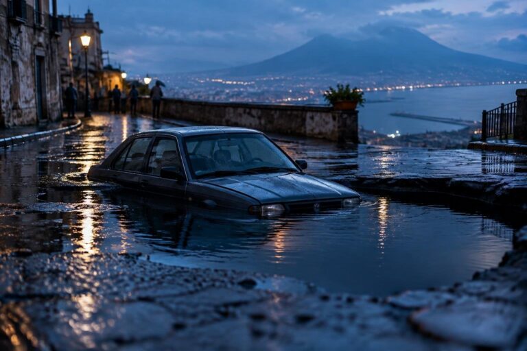 Sommergimento di un veicolo nel patio di Materdei durante il nubifragio