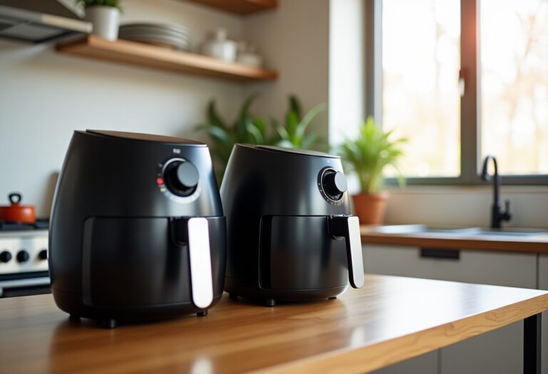 Various dual air fryers showcasing their features